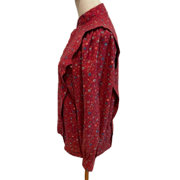 70s PRAIRIE RED FLORAL COTTAGECORE BLOUSE BISHOP SLEEVES & BOX PLEATS HANDMADE - Picture 4 of 11